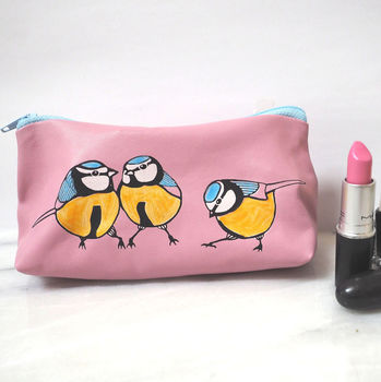 Blue Tits Small Leather Makeup Bag, 3 of 8