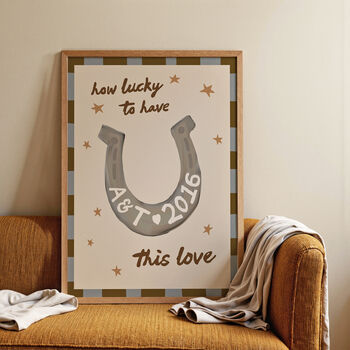 Personalised 'How Lucky' Horseshoe Wedding Art Print, 3 of 12