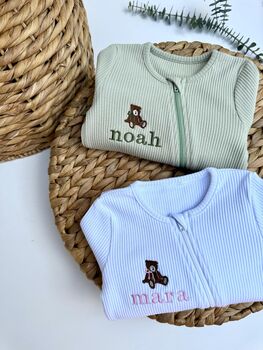 Goose Personalised Baby Zip Sleepsuit – Embroidered Baby Grow With Name – Bunny , Teddy Bear Or Goose, 6 of 12