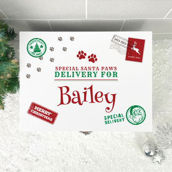 Personalised White Wooden North Pole Stamp Pet Christmas Eve Box Three Sizes 22cm | 27cm | 30cm, 3 of 8
