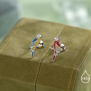 Mismatched Macaw Parrot Bird Stud Earrings In Sterling Silver, 2 of 12