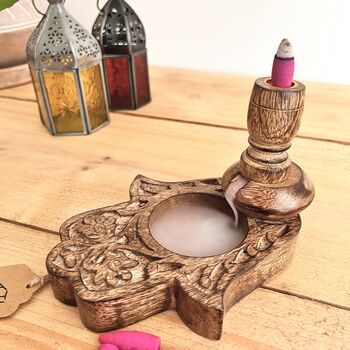 Mango Wood Backflow Incense Holder Hamsa Hand, 5 of 5
