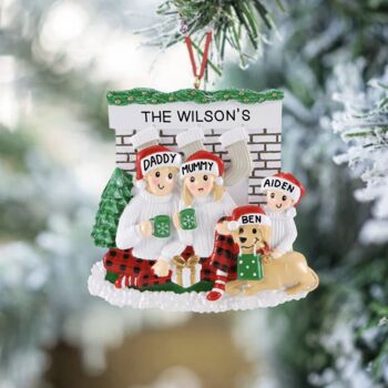 Personalised Fireplace Family With Dog Christmas Decoration, 3 of 3