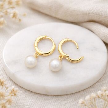 Gold Plated Sterling Silver Freshwater Pearl Huggie Hoop Earrings – 7mm Pearls, 3 of 7