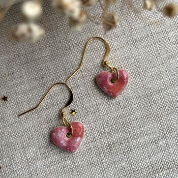 Small Speckled Pink Dainty Ceramic Heart Earrings, 2 of 7