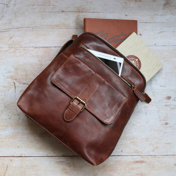 Leather Backpack With Pocket, Brown, 2 of 5