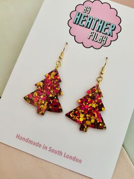 Gold And Red Christmas Tree Glitter Resin Earrings / Festive Jewellery / Christmas Gift, 4 of 10