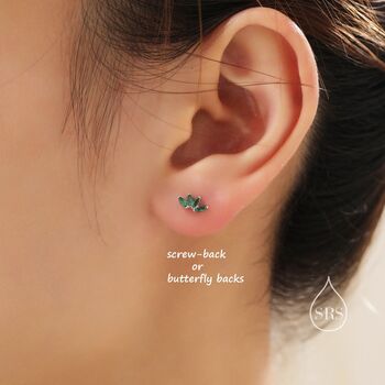 Sterling Silver Green Cz Lotus Flower Screw Back Earrings, 7 of 12