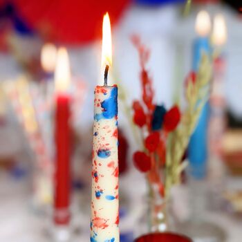 Handmade Coronation Dinner Candles, Red/Blue 'Confetti', 2 of 9