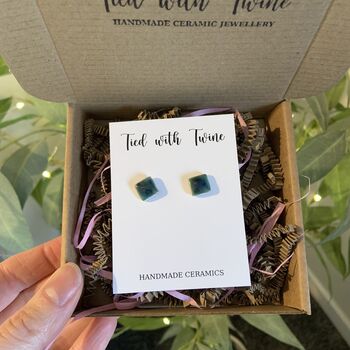 Green Blue Crackle Glaze Ceramic Square Studs, 9 of 9