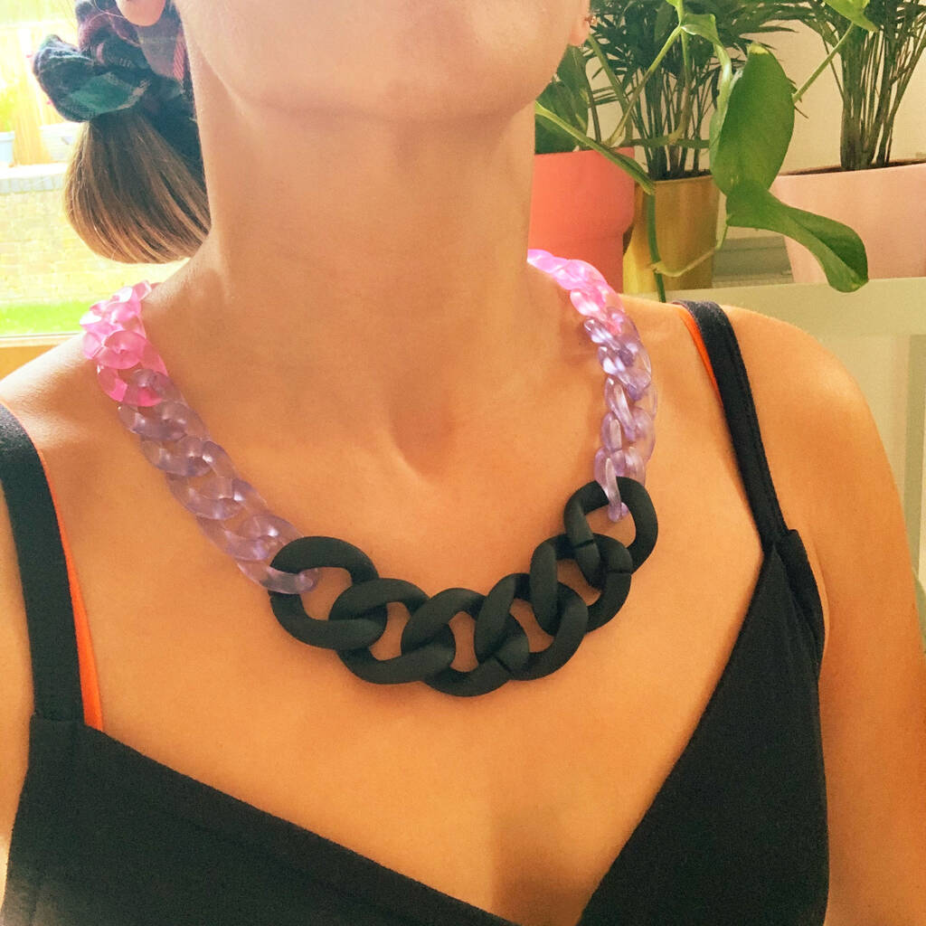 Chunky Bold Black Acrylic Link Statement Necklace By Crank