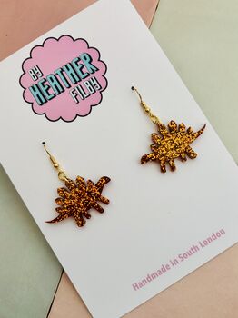 Orange Stegosaurus Dinosaur Glitter Resin Earrings / Jurassic Inspired Jewellery / Novelty Statement Accessories / Gift For Her, 5 of 5