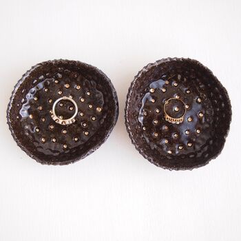 Handmade Black Gloss Ceramic Ring Dish With Gold Dots, 2 of 6
