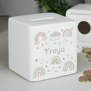 Personalised Baby Girl Rainbow Money Box, 2 of 5