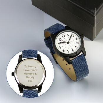 Personalised Black With Blue Canvas Strap Boys Watch, 4 of 8
