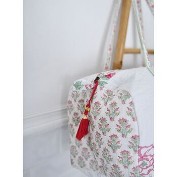 Block Printed Pink And Mint Floral Bird Quilted Duffle Bag, 5 of 9