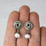 Marcasite Swirl Knot And Pearl Drop Earrings, thumbnail 2 of 5