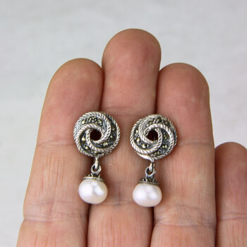 Marcasite Swirl Knot And Pearl Drop Earrings, 2 of 5