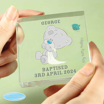 Personalised Tiny Tatty Teddy Christening Crystal Block, 2 of 3
