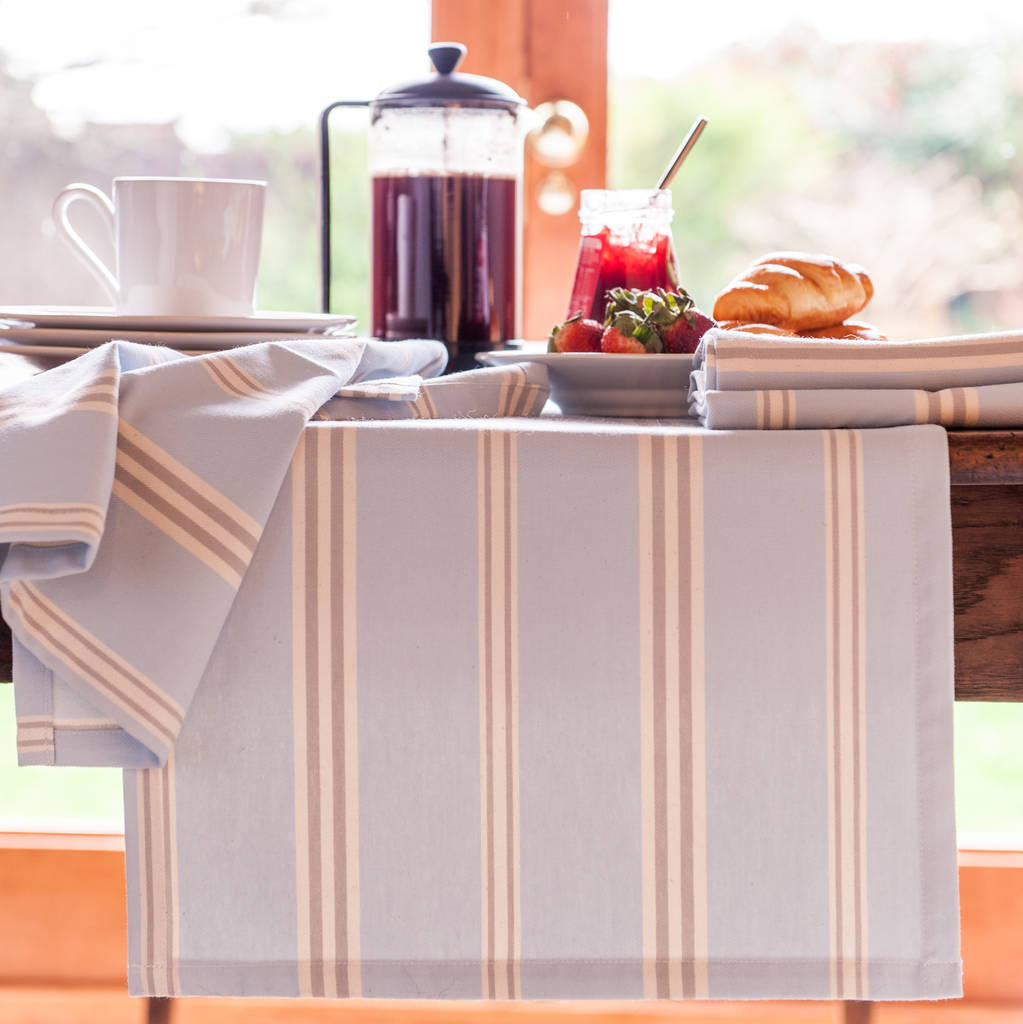 eastnor blue grey ticking stripe table runner by cottage in the hills