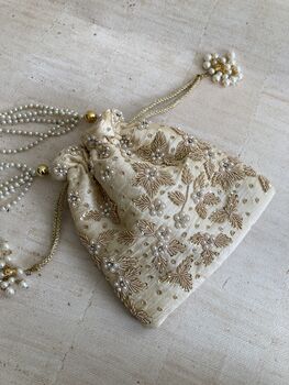 Gold Handcrafted Embroidered Potli Bag/Wrist Bag, 4 of 5