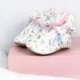 Dotty Fish Floral Cotton Baby Booties With Fleece Lining And Barefoot Soles, thumbnail 1 of 8
