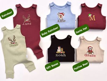 Personalized Festive Bear Baby Dungarees Romper | Custom Embroidered Christmas Outfit | Newborn First Christmas Gift, 6 of 9