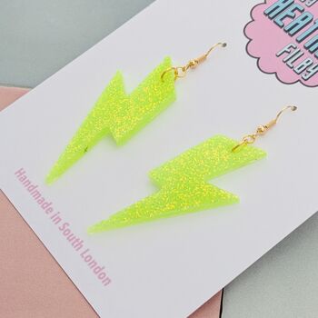Neon Green Glitter Lightning Bolt Earrings Small And Large, 4 of 10