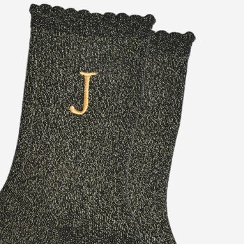 Women's Glitter Socks Black Gold Initial 'J', 3 of 5