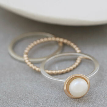 Silver And 9ct Gold Pearl Stacking Ring Set, 6 of 7