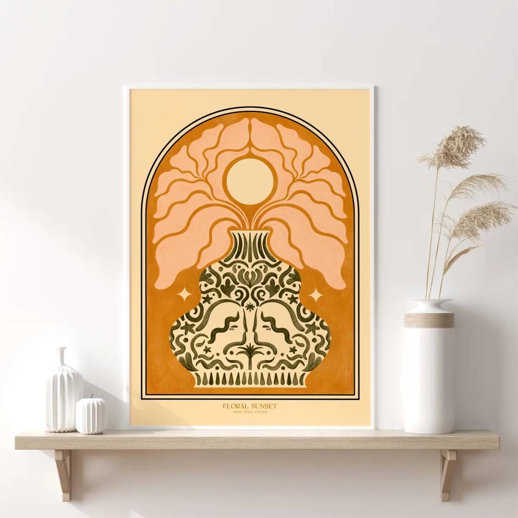 Floral Sunset, Floral Vase Bohemian Botanical Art Print, Flower Poster, 1 of 3