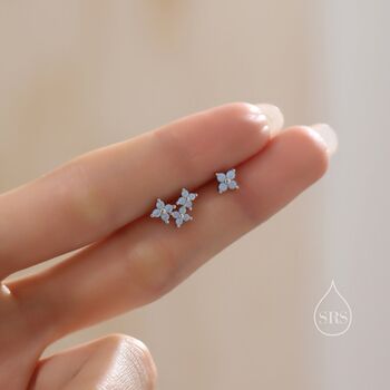 Sterling Silver Asymmetric Blue Hydrangea Flower Cz Stud Earrings, 2 of 12