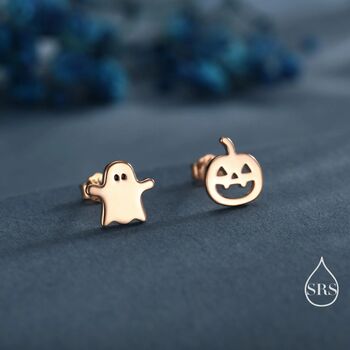 Sterling Silver Mismatched Carved Pumpkin And Ghost Stud Earrings, 3 of 12