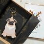 Pug Dog Wooden Keyring With Optional Christmas Card, thumbnail 3 of 8