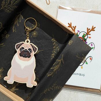 Pug Dog Wooden Keyring With Optional Christmas Card, 3 of 8