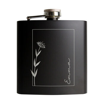 Personalised Monochrome Floral Name Black Hip Flask, 4 of 7