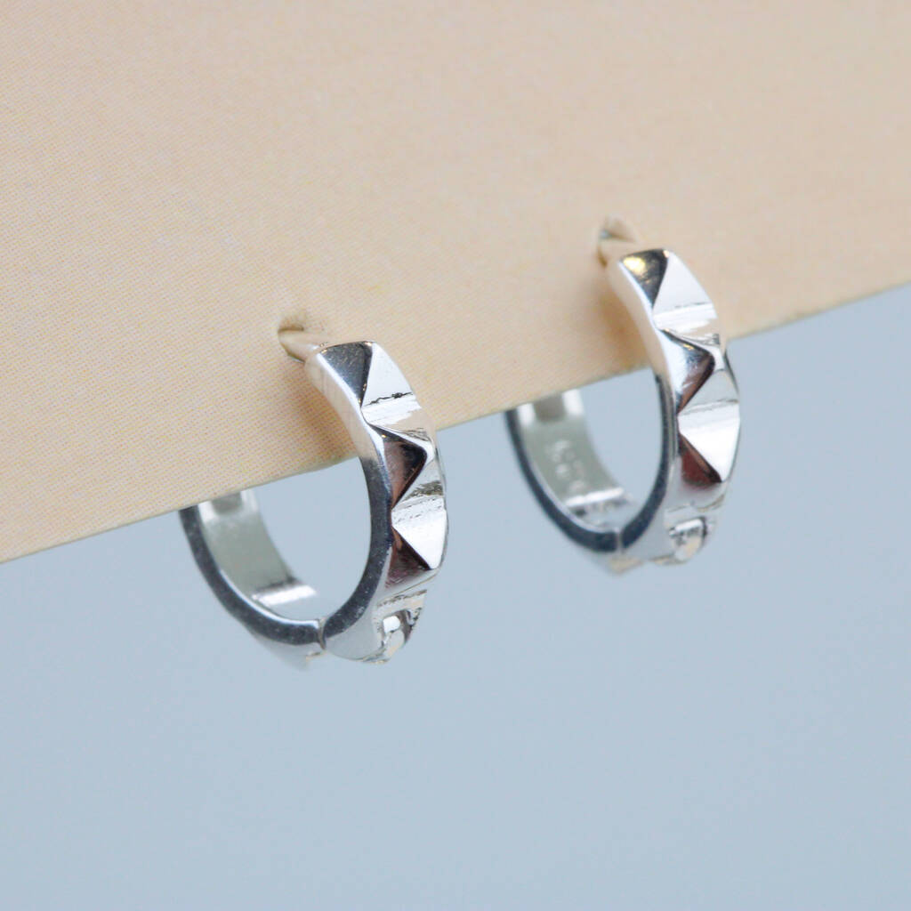 Sterling Silver Pyramid Spike Huggie Hoop Earrings, 1 of 4