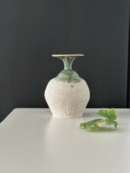 Handmade Porcelain Vase Textured White Lava Body With Glossy Green Glazed Neck, 2 of 4