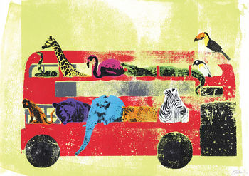 'London Zoo' Original Screen Print Animals Red Bus, 2 of 2