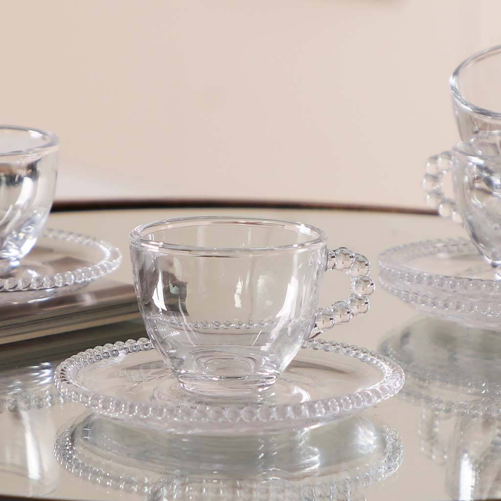 Set Of Four Beaded Glass Espresso Cups And Saucers By Dibor