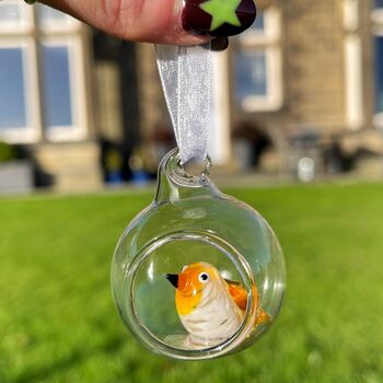 Handmade Open Glass Bauble With Tiny Robin, 3 of 4