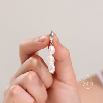 Sterling Silver Genuine Baroque Pearl Trio Huggie Hoop Earrings, 2 of 12