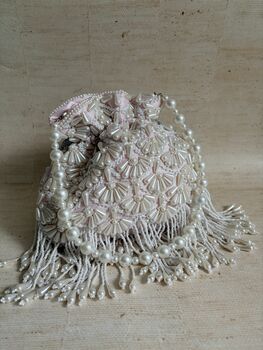 Pink Handcrafted Embellished Pearl Potli Wrist Bag, 12 of 12