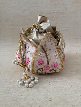 Pink Handcrafted Raw Silk Potli Bag/Wrist Bag, 4 of 8