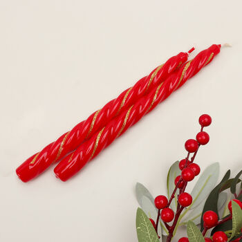 G Decor Set Of Two Handmade Maison Dorée Scarlet Red Spiral Glitter Stripe Dinner And Taper Candles, 2 of 7