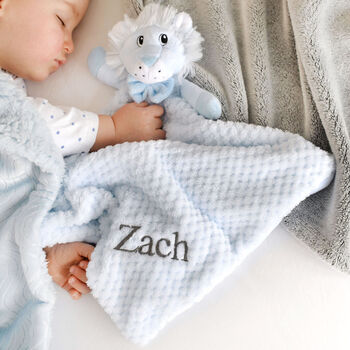 Personalised Blue Waffle Blanket And Lion Comforter Set, 5 of 8