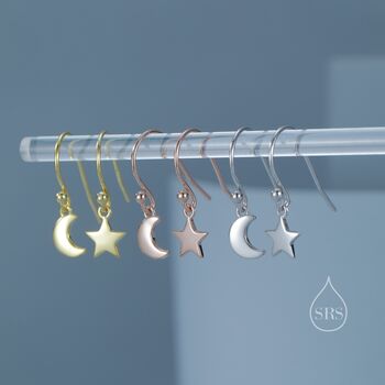 Asymmetric Moon And Star Dangle Drop Hook Earrings In Sterling Silver, 5 of 12