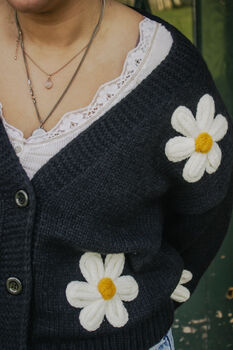 Black Crochet Bobble Applique Relaxed Daisy Cardigan, 7 of 8