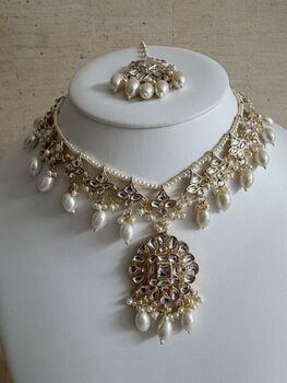 White Gold Kundan Pearl Set Necklace, Earrings And Tikka, 11 of 12