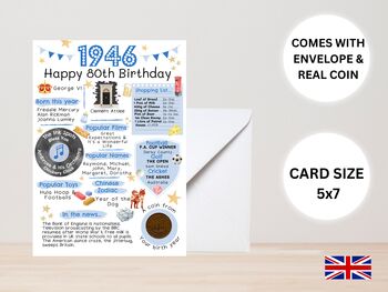 80th Birthday Card With 1946 Coin And Envelope Choose Your Colour, 2 of 3